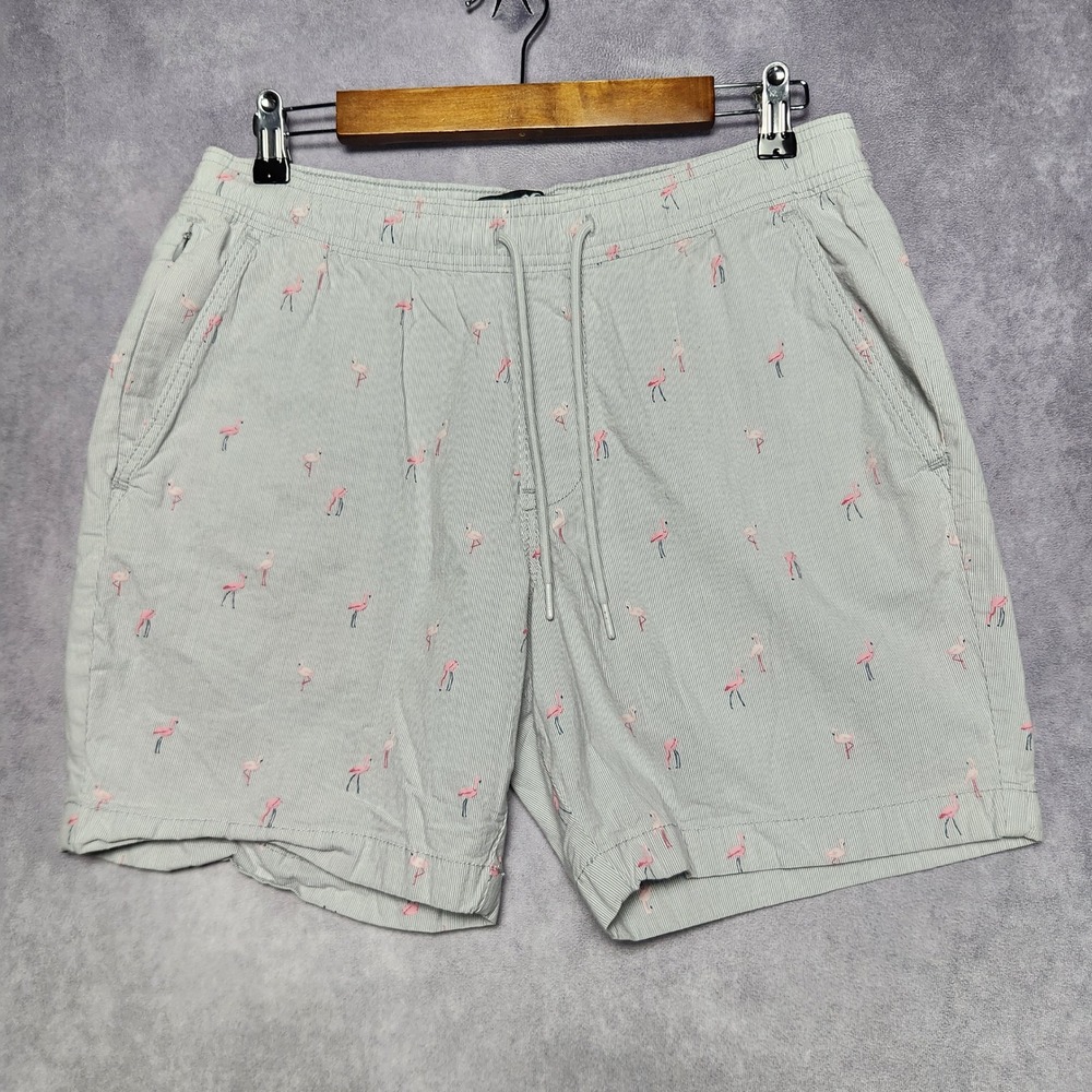 Hollister Mens Flamingo Print Jogger Shorts Gray Striped Drawstring Size Medium